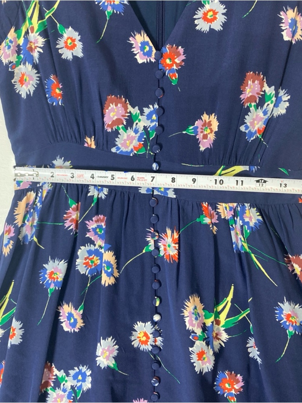 Madewell 100% Silk Navy Blue Floral V-Neck Babydoll Short Sleeve Mini Dress Sz 2 - Picture 6 of 16